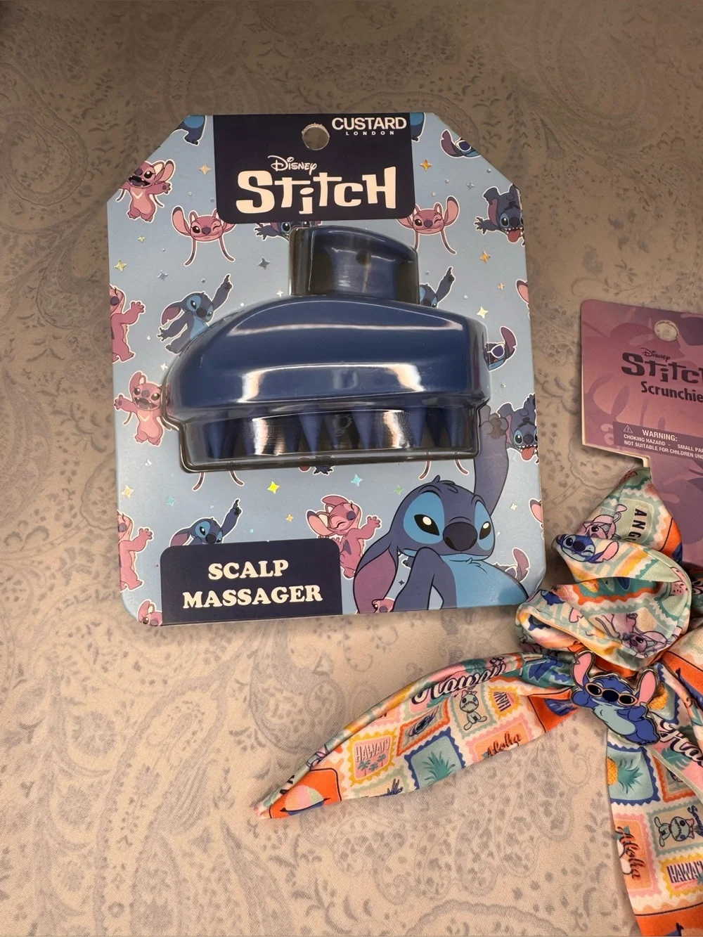 Disney Stitch Scalp Massager, Detangler Brush, and Metal Stich on Satin Scrunch